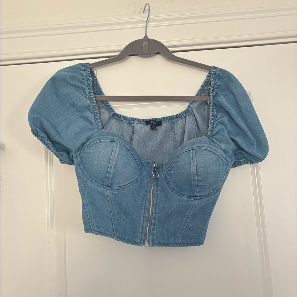 Light Denim Puff-Sleeve Corset Crop Top